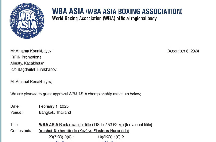 ОФИЦИАЛЬНОЕ РЕШЕНИЕ  боксерской ассоциации WBA Asia по титульному бою  Ельшата Ныгметоллы 